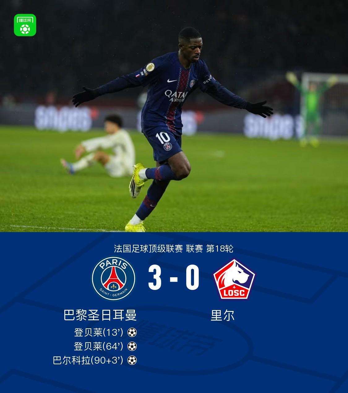 剑南春｜巴黎3-0里尔，登贝莱梅开二度，巴尔科拉建功